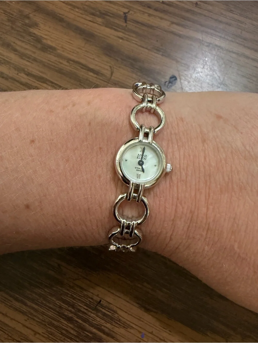 Anne Klein Silver-Tone Ring Link Bracelet Watch with White Dial